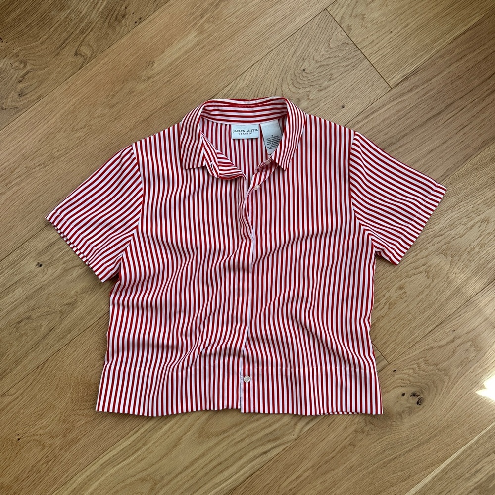 Vintage Jaclyn Smith Red White Striped Polyester Blouse Size 8